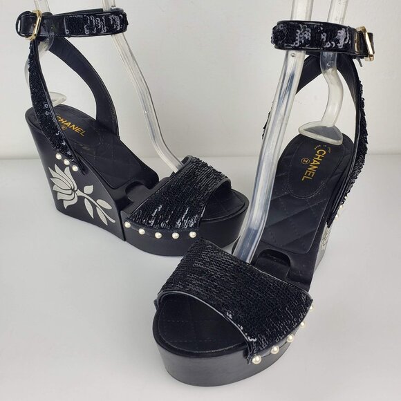Women's Black Sequin Wedge Sandals - Picture 1 of 13